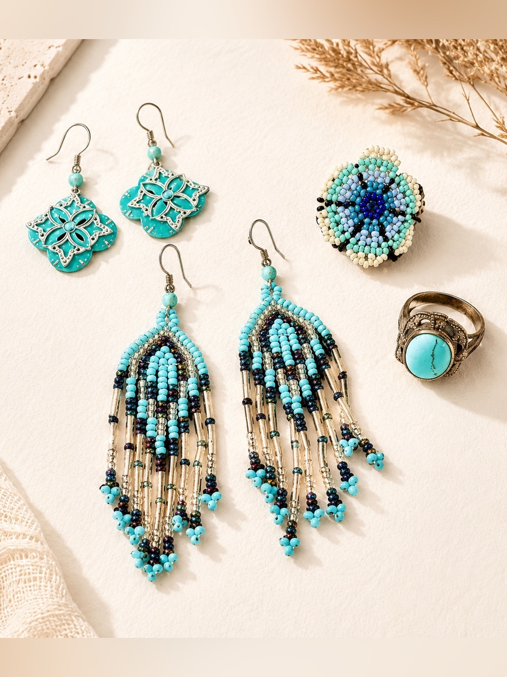 Boho Southwestern Turquoise Jewelry Lot 4 Pc Beaded Fringe Earrings Rings
